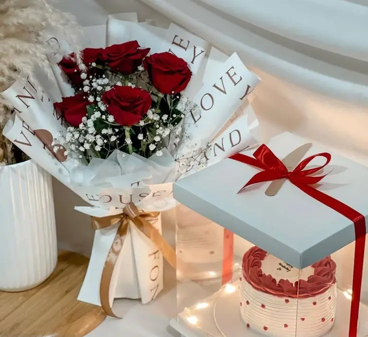Red rose bouquet arranged as a customized Valentine’s Day gift with elegant wrapping