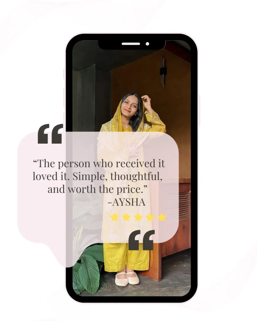 Customer review praising personalized gifts from one of the best gift shops in Kannur