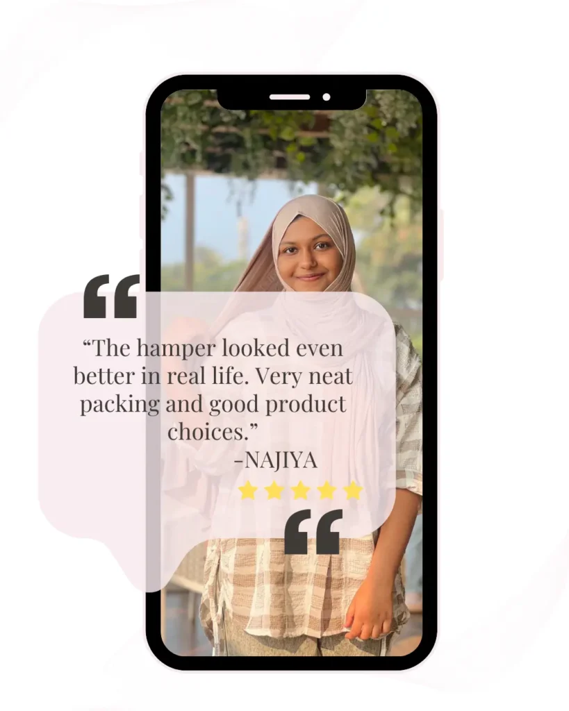 Customer review from Najiya about customized gift hampers from one of the best gift shops in Kannur